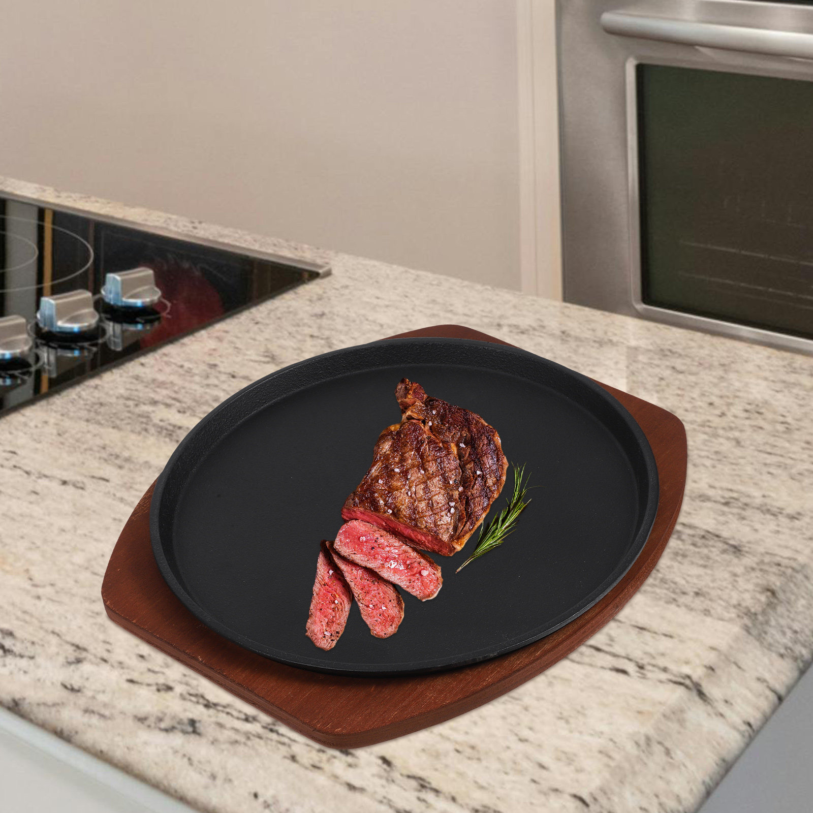 Wooden Serving Tray - 1Set Iron Steak Grill Plate with